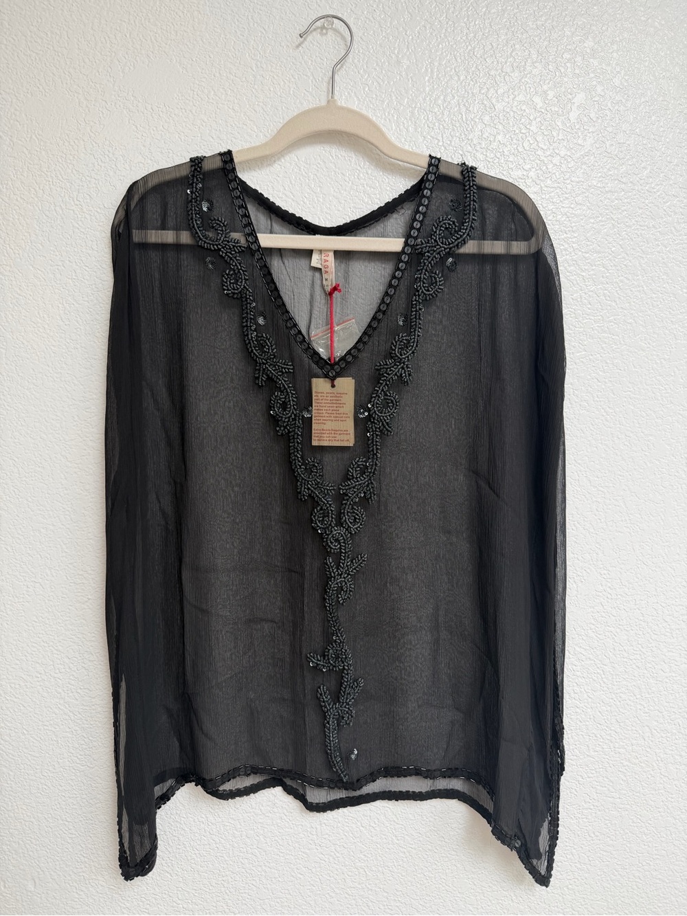 RAGA NWT Black Sheer Beaded Sequin Kaftan Tunic Top M